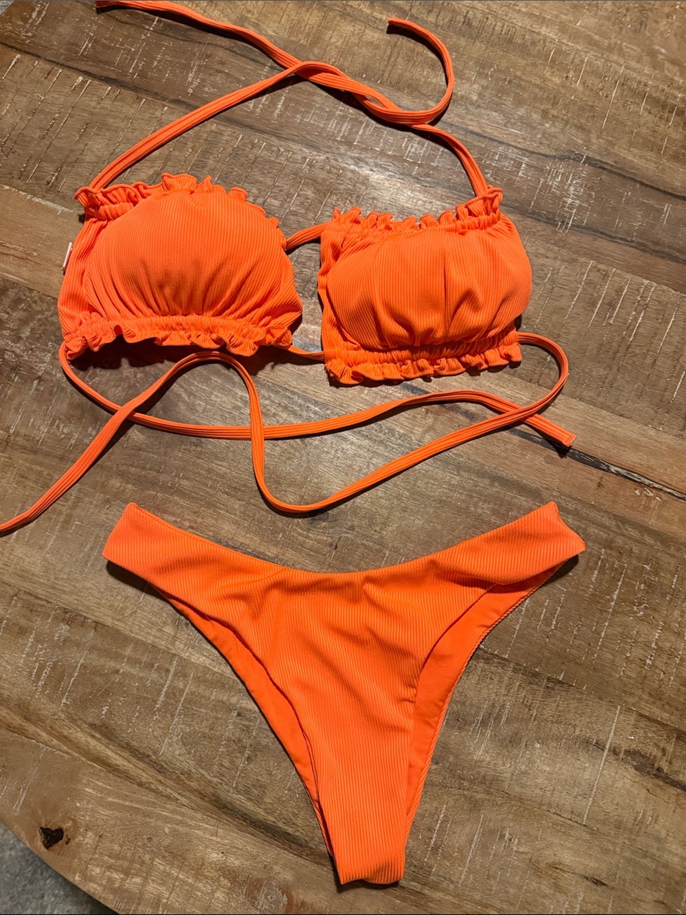 SHEIN Bright Orange Ruffle Ribbed Bikini Set
